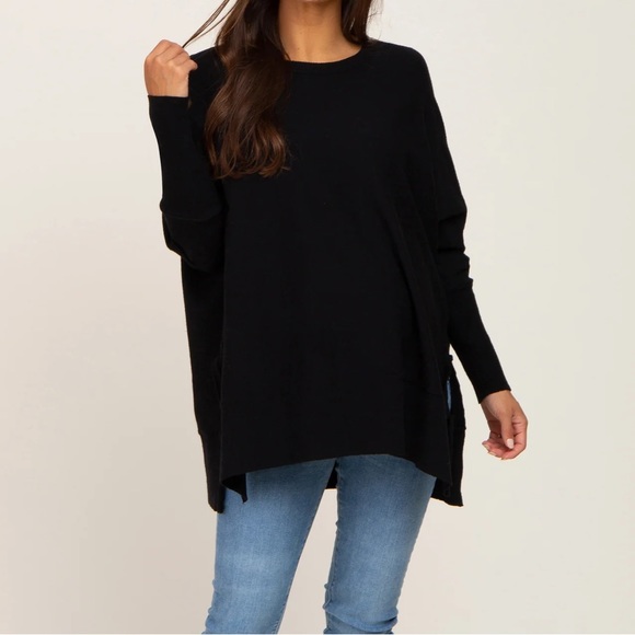 Black Dolman Sleeve Side Slit Maternity Sweater - Picture 2 of 4